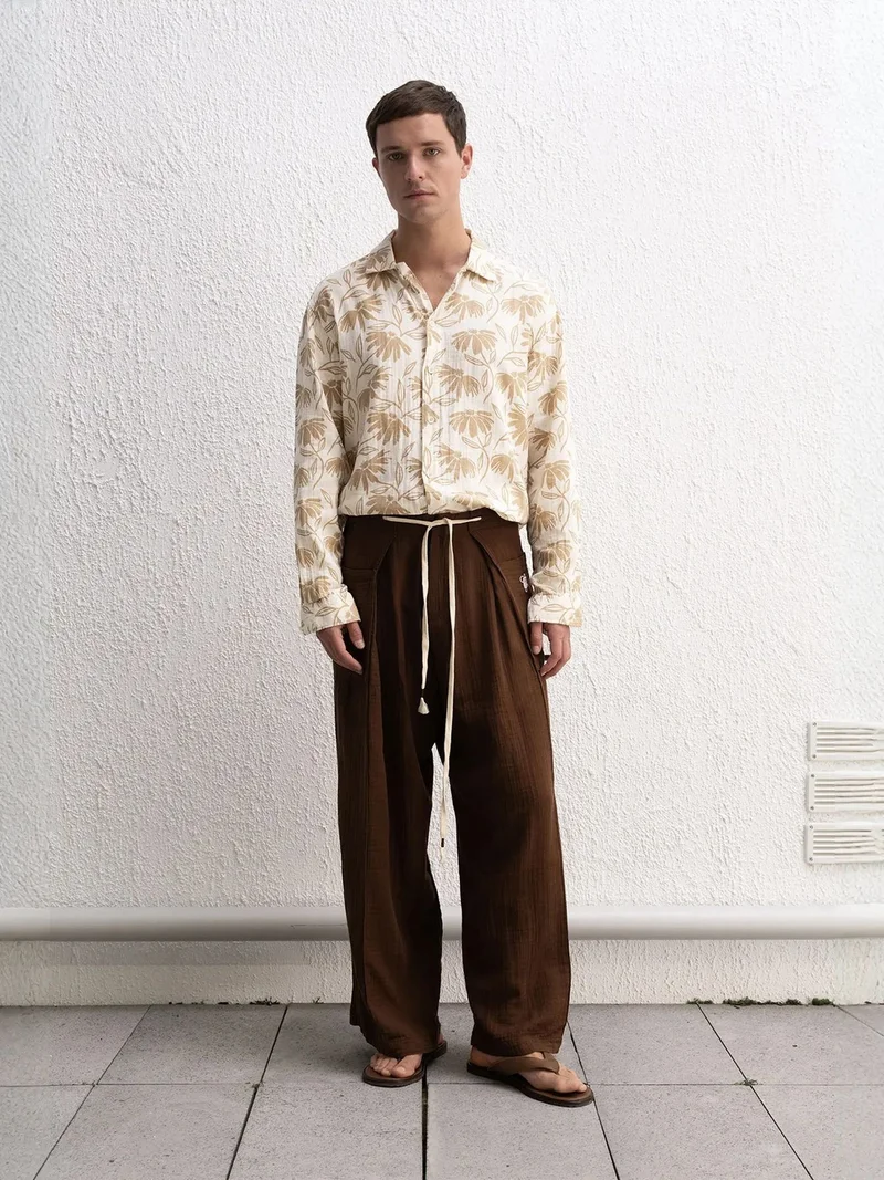 Giesto Beaver Brown GIESTO Textured Wide Leg High Waist Pants with Drawstring for Men | Best Price UAE